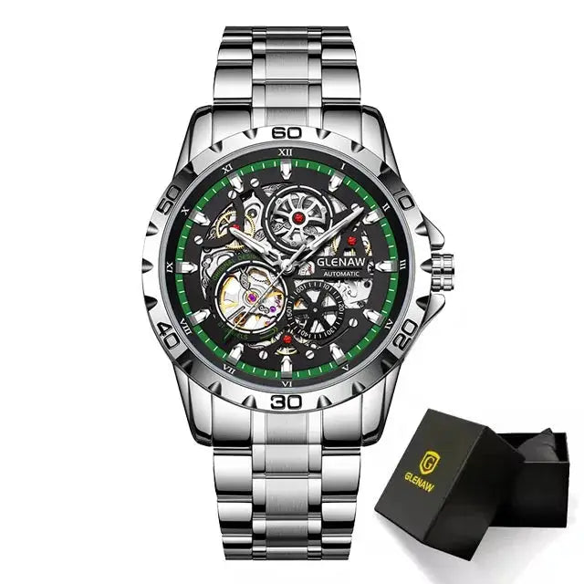 GLENAW skeleton-steampunk automatic men’s watch with stainless steel band and presentation box