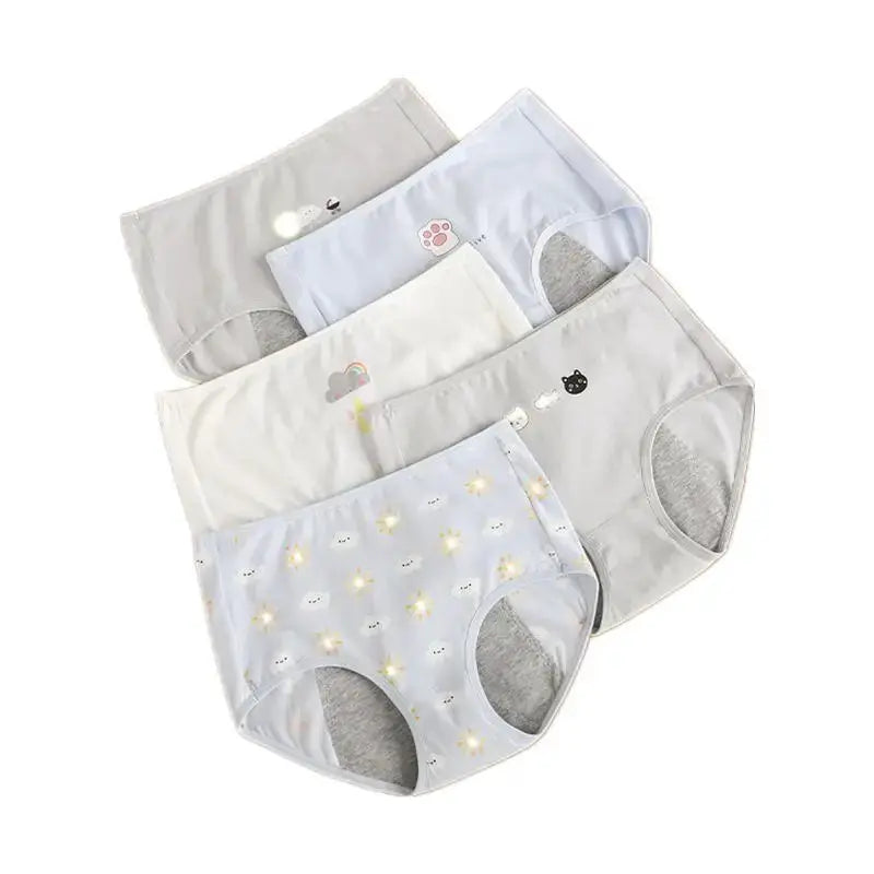 Simples Market girls' leak-proof menstrual underwear set, 5 pcs, breathable cotton with cute cartoon prints