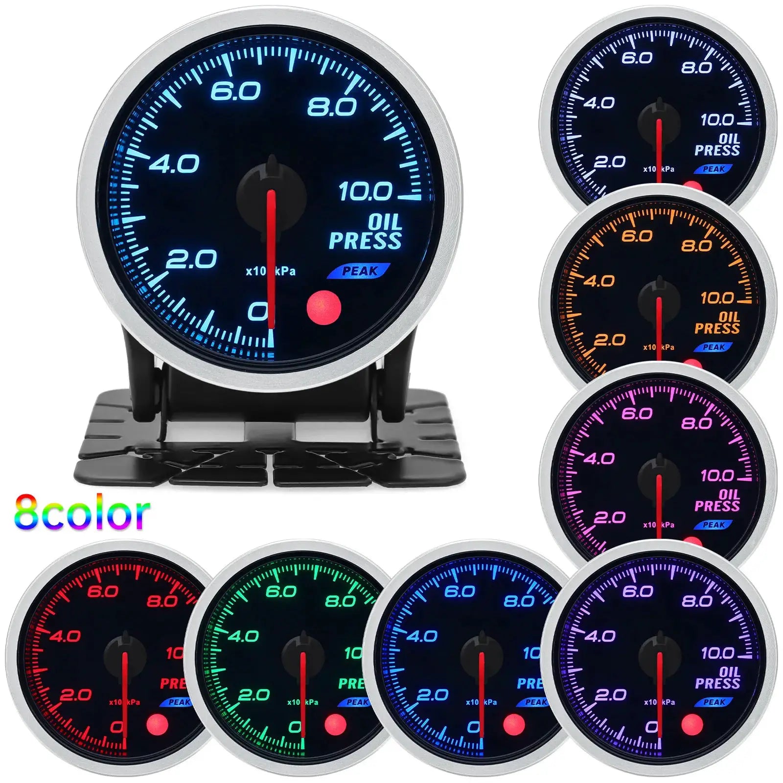 Oil pressure and temperature tachometer gauge, 52mm, 12V, 8-color LED dial faces