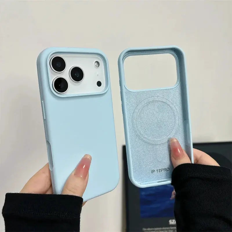 Magnetic liquid silicone case for iPhone 17, light blue, MagSafe compatible, camera hole cover; 2-piece set