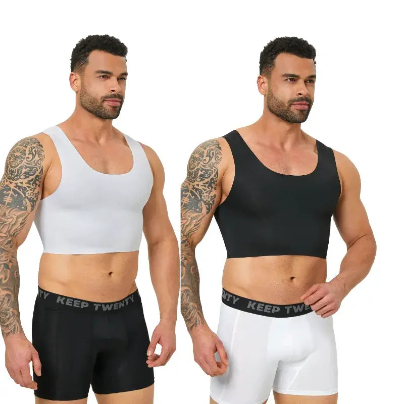 Men's seamless shaping short vests in white and black; sleeveless, slim fit, breathable, high elasticity.