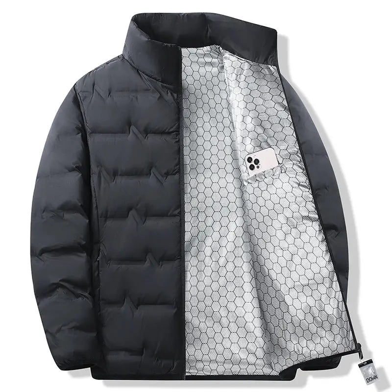 Men's black duck-down puffer jacket with hex-pattern lining and inner chest phone pocket