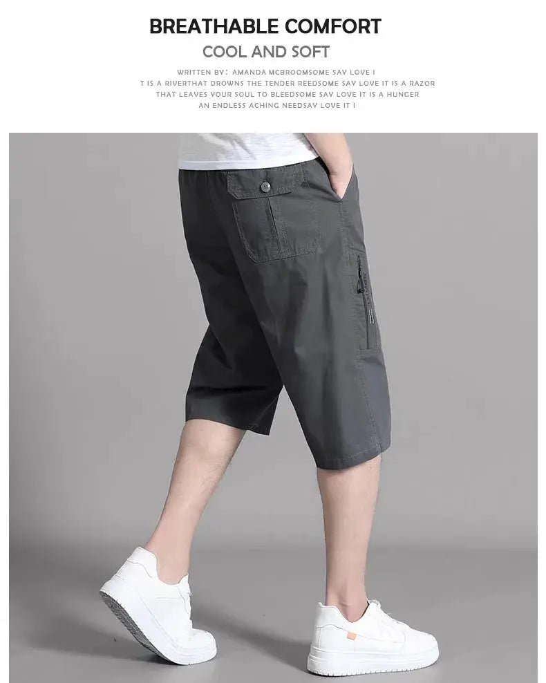 Mens cargo shorts knee-length, dark gray cotton with zippered side pocket and buttoned back pocket