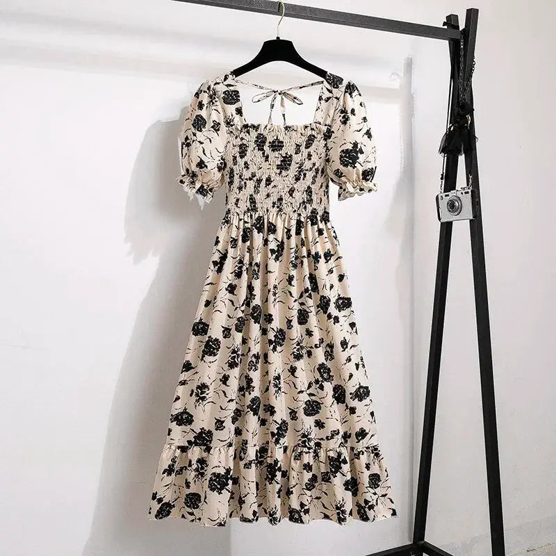 Chiffon Spring Summer A Line Dress For Women With Elastic Waist Pleated Short Sleeve Casual Flattering Fit