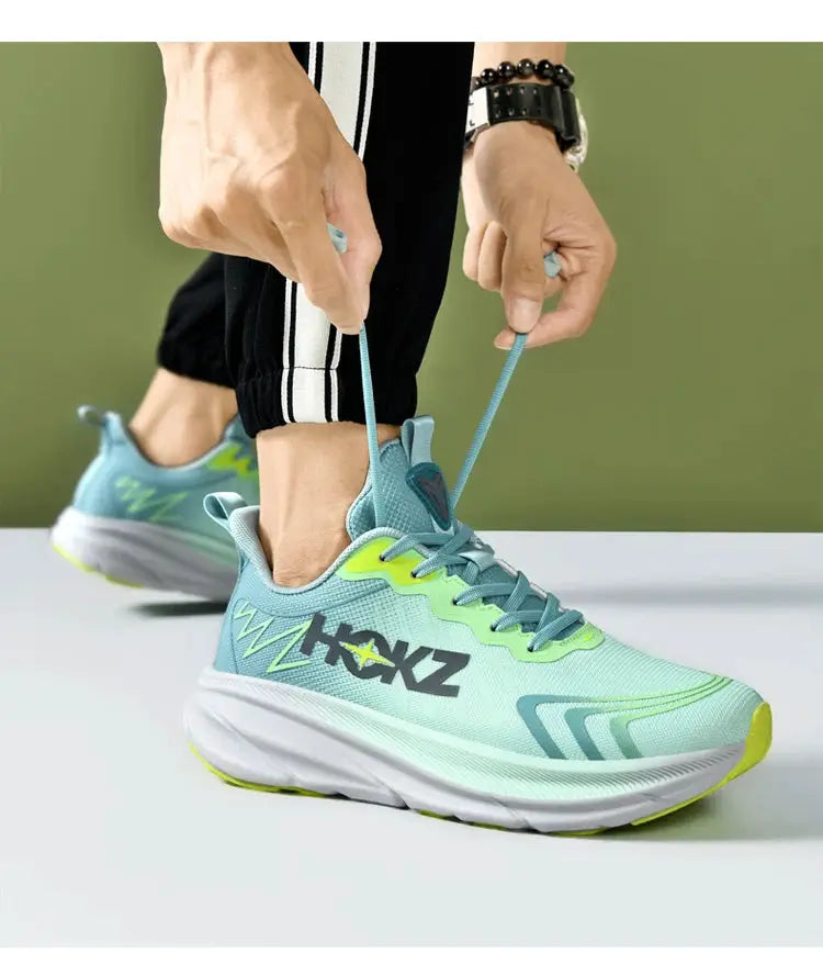 HOKZ lightweight running shoes pair in light blue with lime accents; breathable mesh, Simples Market