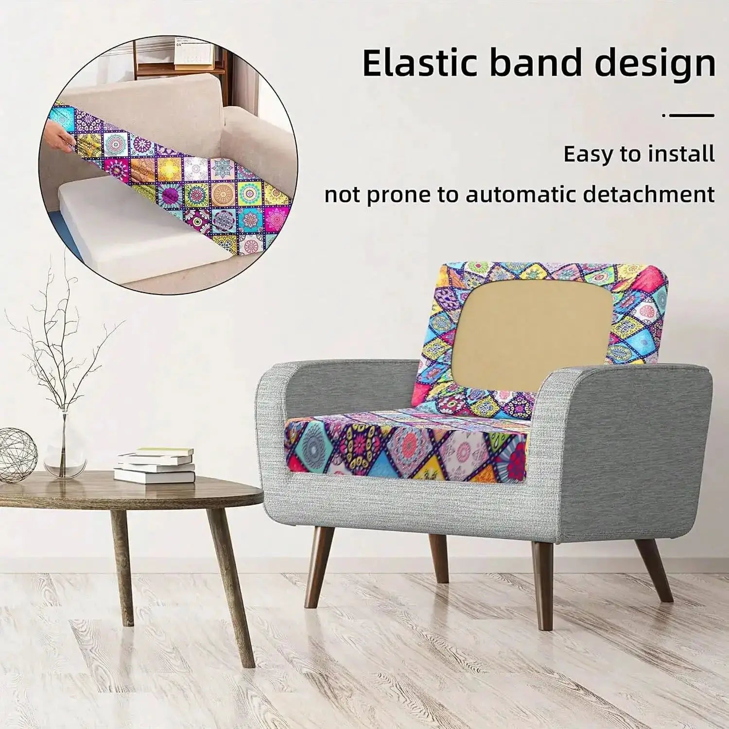 Outdoor tropical print sofa cushion covers set (2) with elastic band design for a non-slip fit on individual cushions