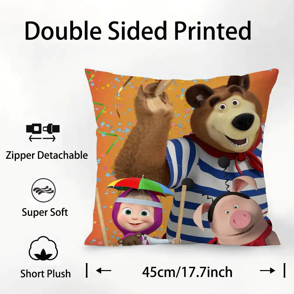 Masha and the Bear pillow cover, plush fabric, double-sided print, orange background with cartoon bears