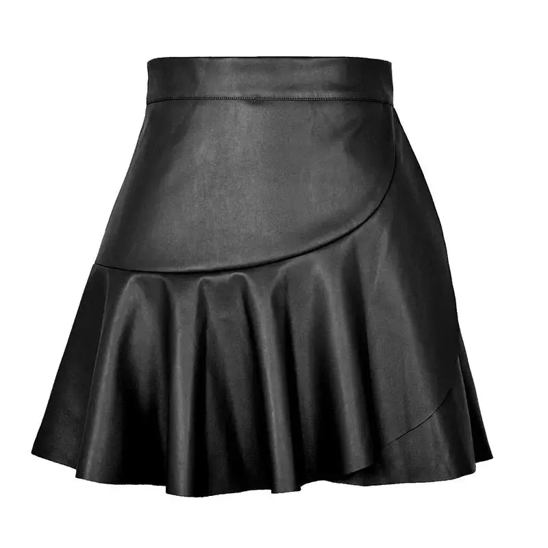 Simples Market women faux leather mini skirt with high waist and layered ruffled hem in black PU leather
