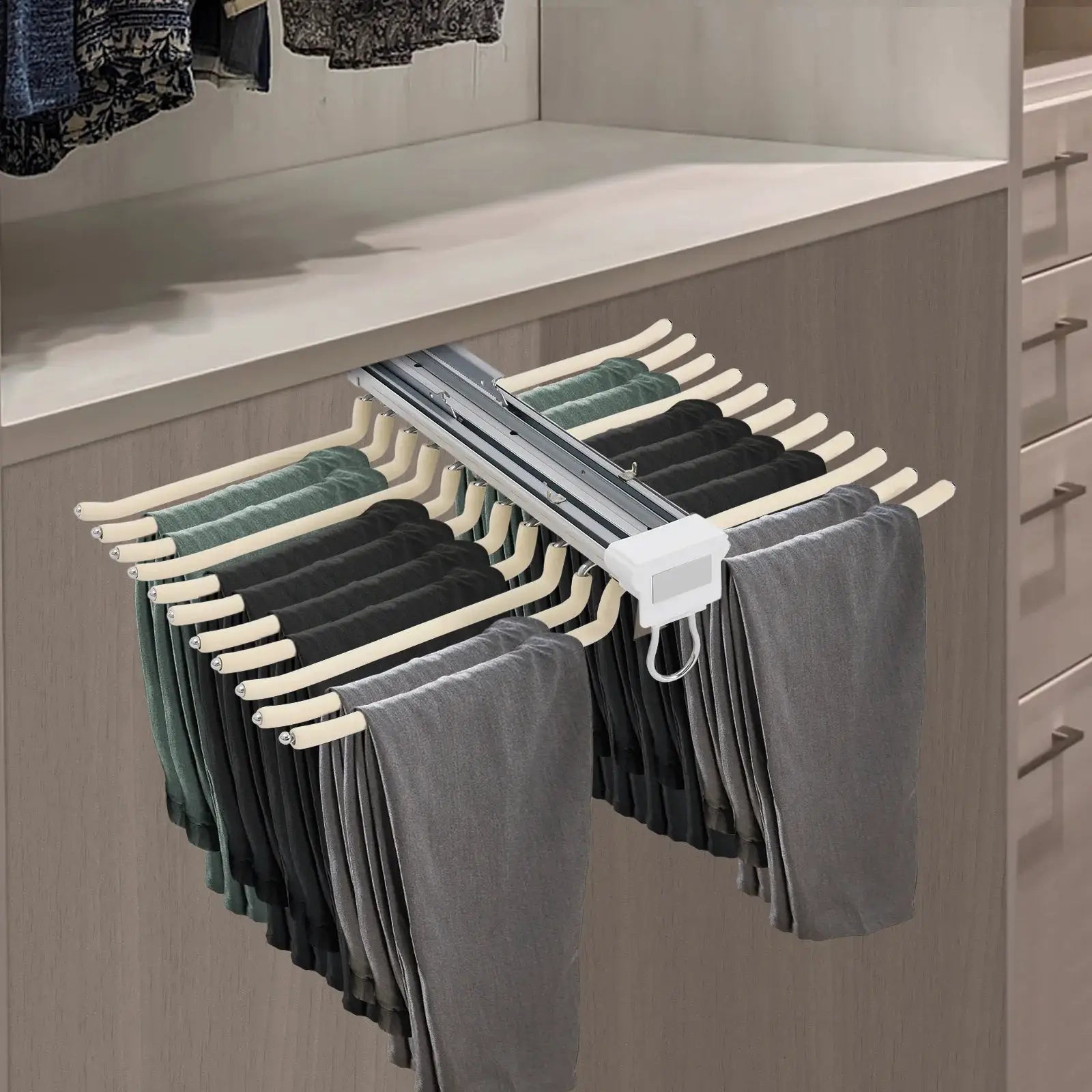 Pull-out trouser rack for 22 pairs; extendable beige hangers on metal rails in a 46 cm deep wardrobe