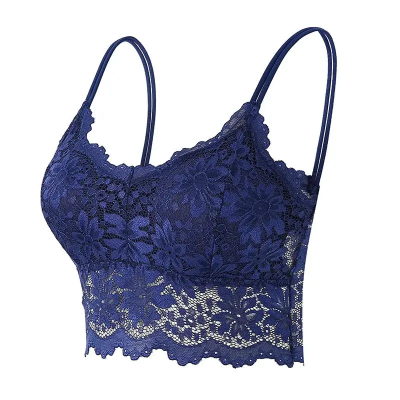 Lace bralette top in navy blue with floral lace, wireless, by Simples Market