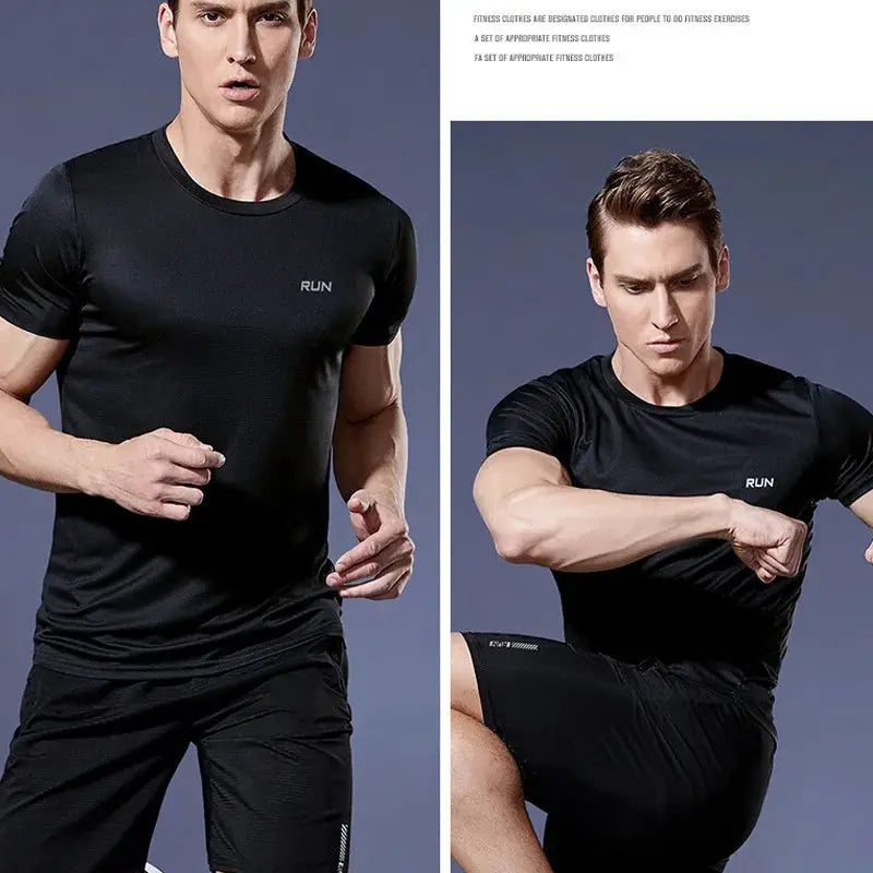Men's running shirts by Simples Market; black quick-dry compression tees with RUN logo, shown on two models.