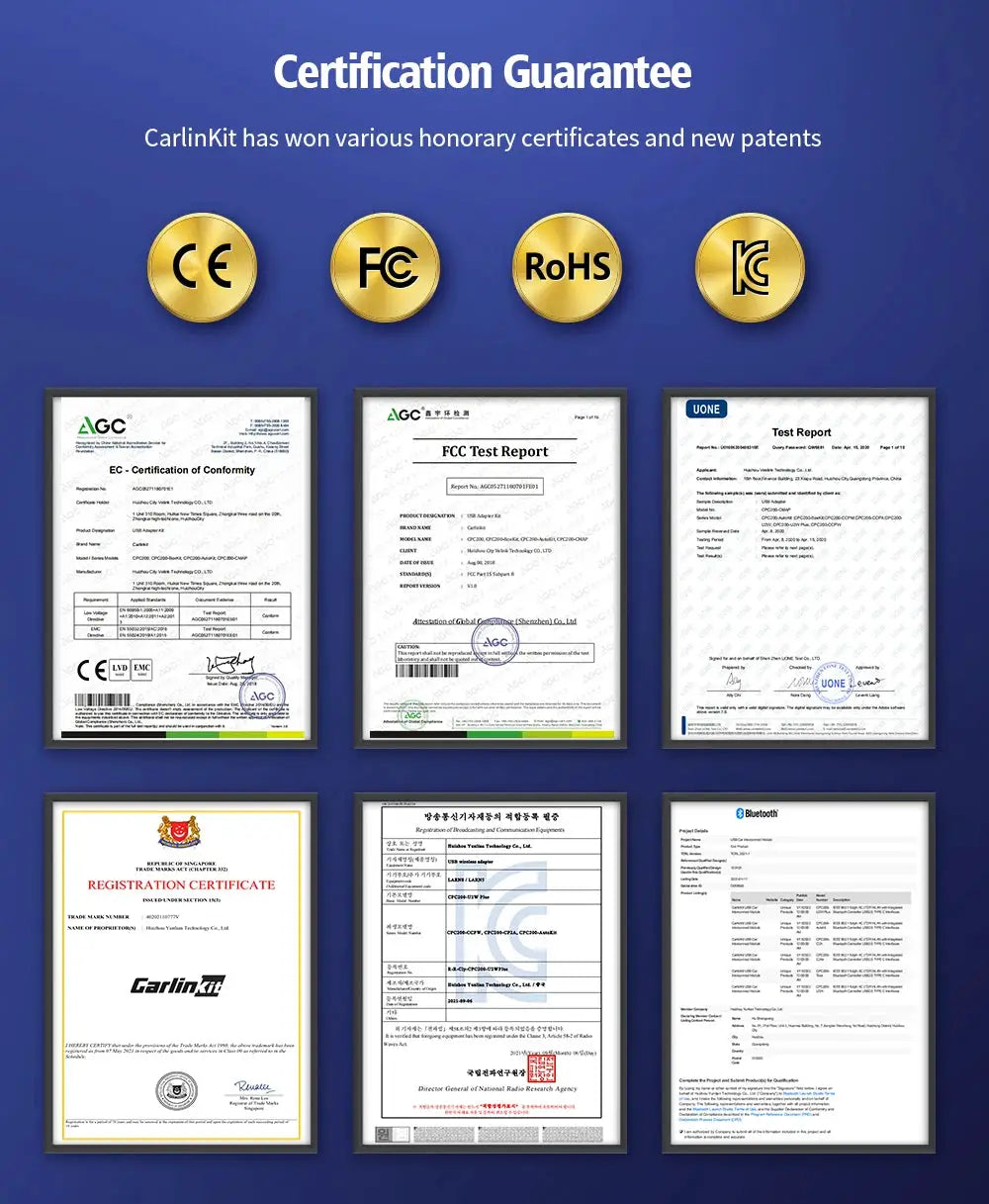 CarlinKit T2C wireless CarPlay/Android Auto certification certificates with gold seals and framed documents