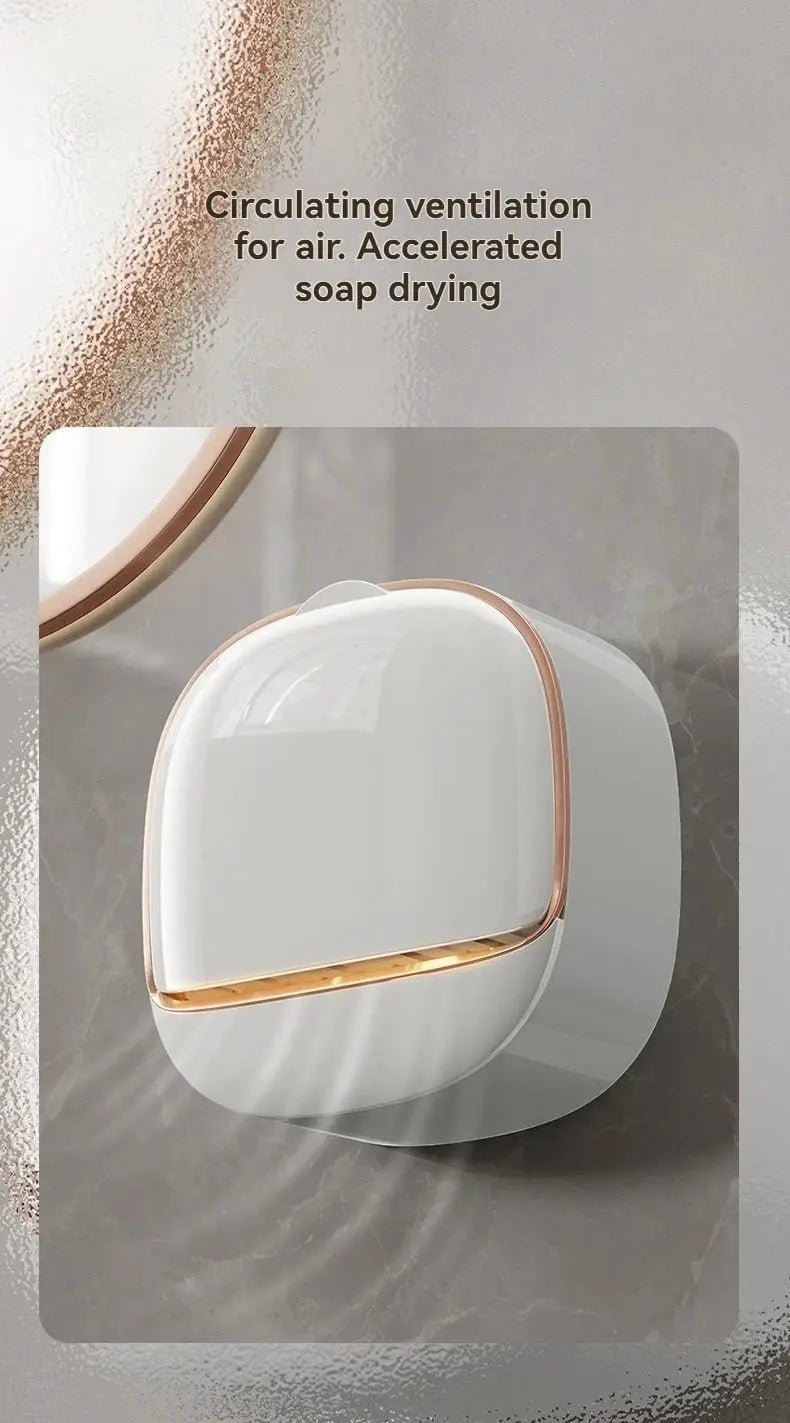 Waterproof hanging soap box for shower by Simples Market; white plastic with rose-gold trim and drainage