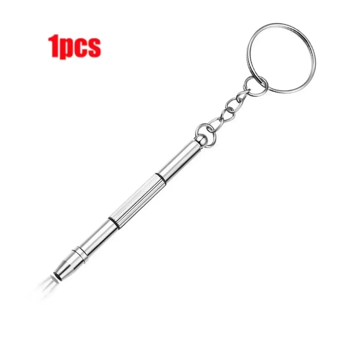 Mini 3-in-1 eyeglass screwdriver keychain in stainless steel with knurled grip