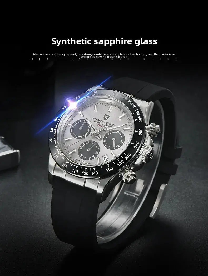 Pagani Design 40mm V2 chronograph watch with silver dial and black silicone strap