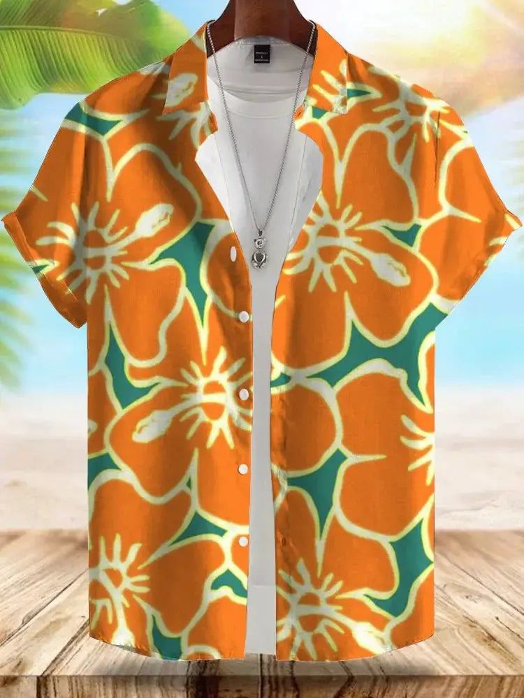 Seaside Hawaiian-style men's short-sleeve shirt by Simples Market, orange floral print, beach casual.