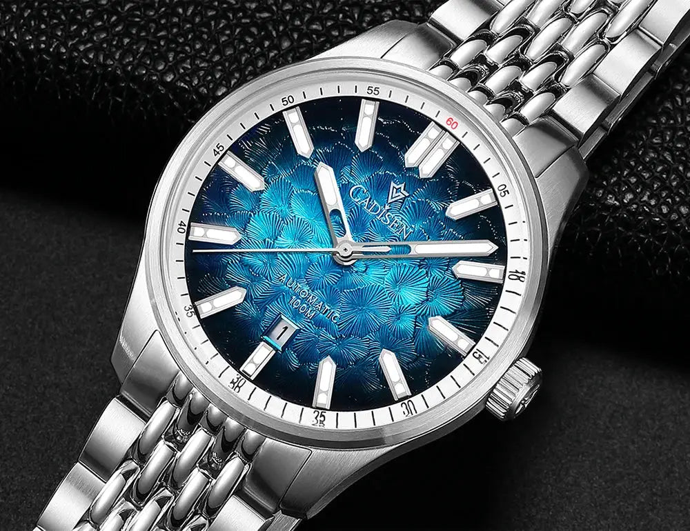 CADISEN automatic wristwatch with blue patterned dial and stainless steel bracelet; 10ATM water resistant