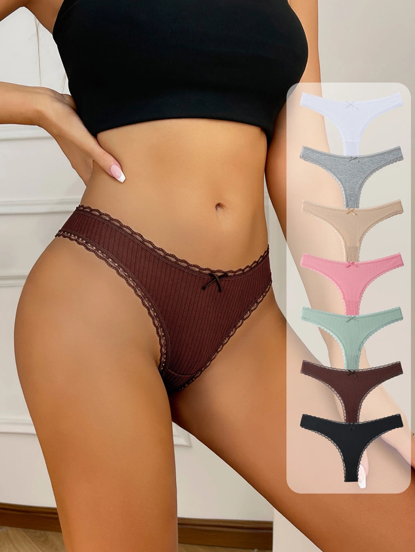 Simples Market 7-piece cotton lace thong panty set, assorted colors, S-XL