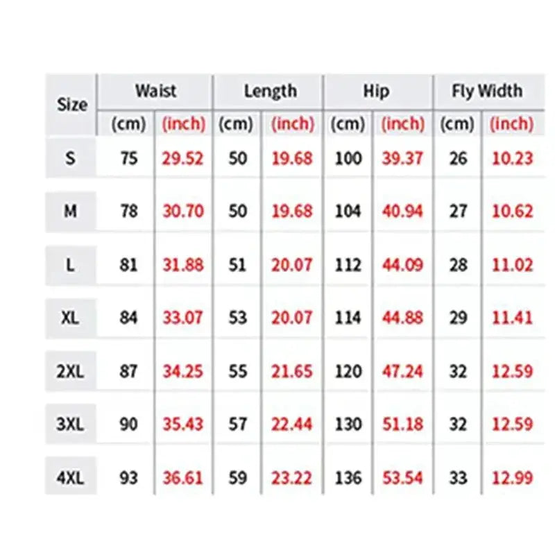 Men's cotton shorts size chart for sizes S-4XL showing waist, length, hip and fly width.