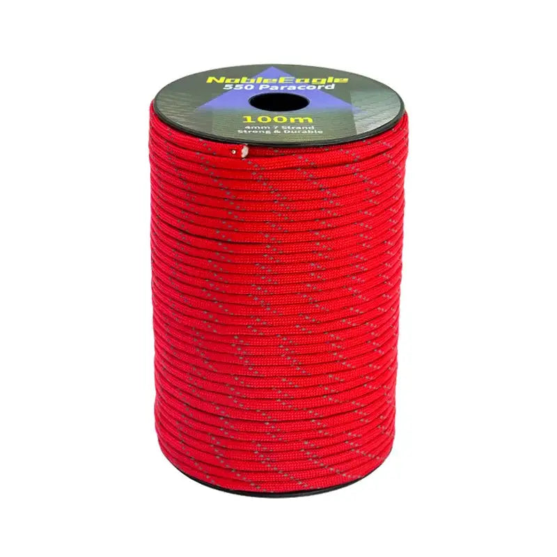 Reflective paracord rope, red 4mm 7‑strand 550 cord, 100m spool