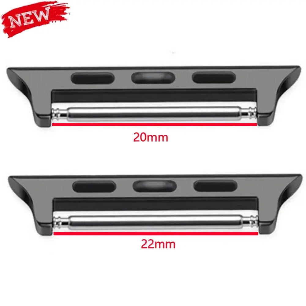 Pair of Apple Watch band adapters by Simples Market, 20mm and 22mm connectors, black metal.