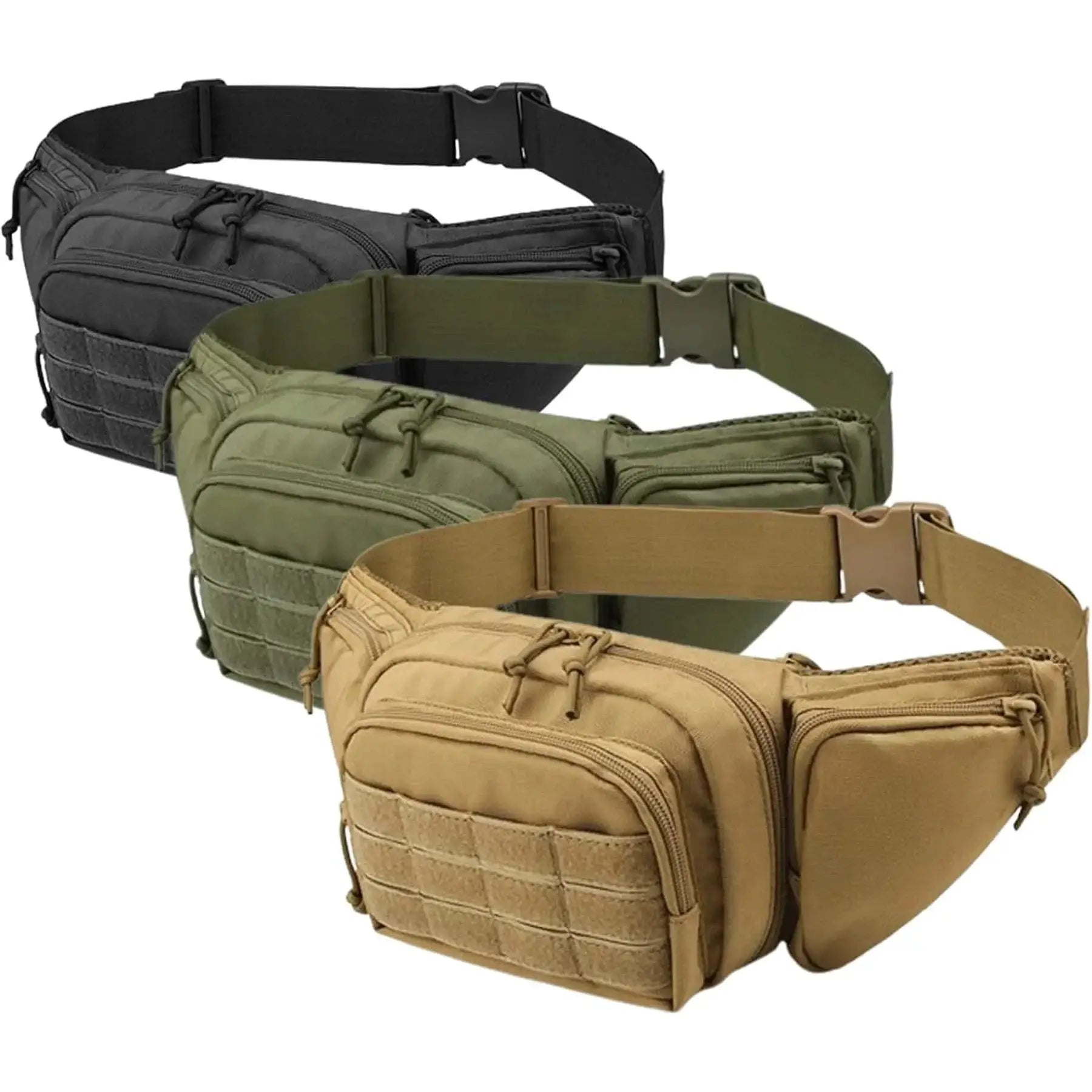 4-pack tactical waist packs in black, olive, tan, and beige; nylon, multi-pocket fanny packs