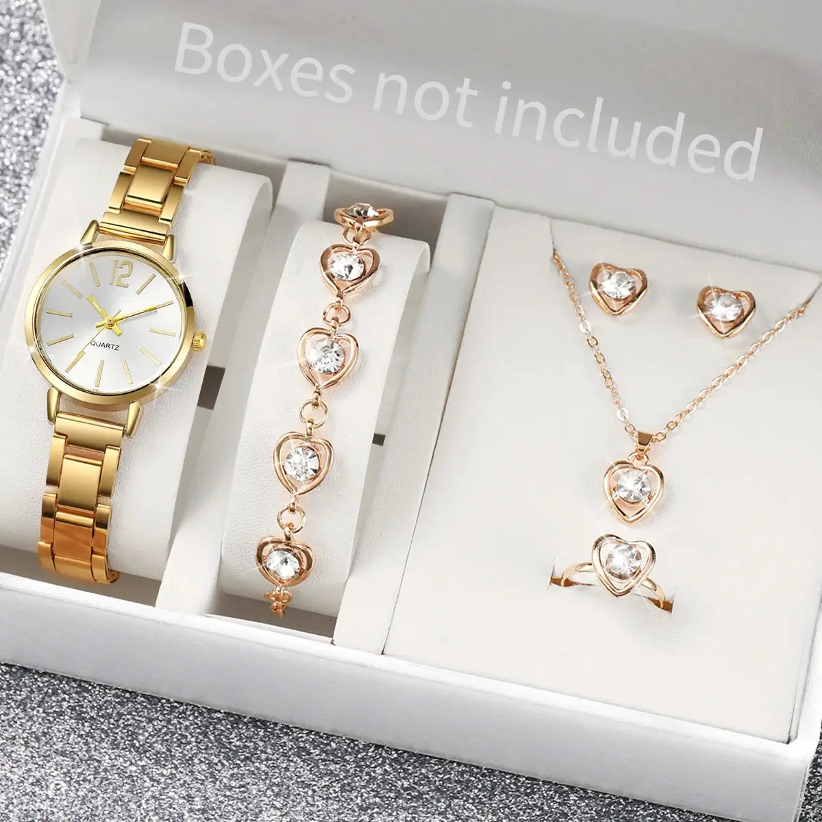 6pcs women's quartz watch set by Simples Market in gold-tone; includes watch, bracelet, necklace, earrings, ring