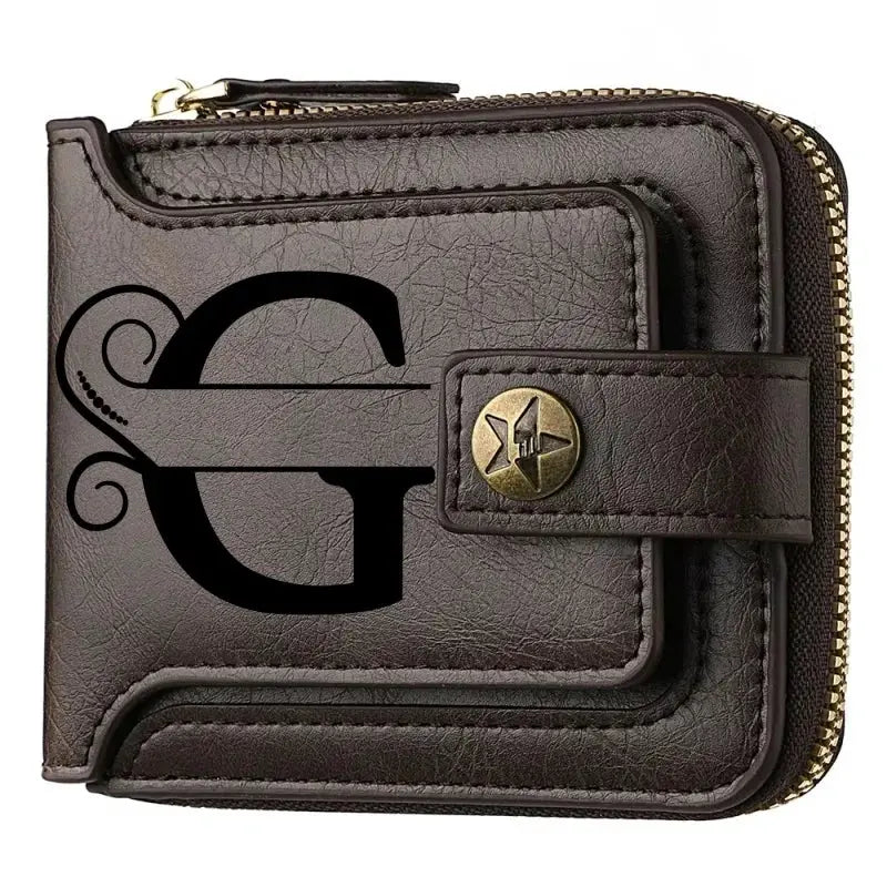 Bifold wallet in brown PU leather with zipper closure and brass snap strap