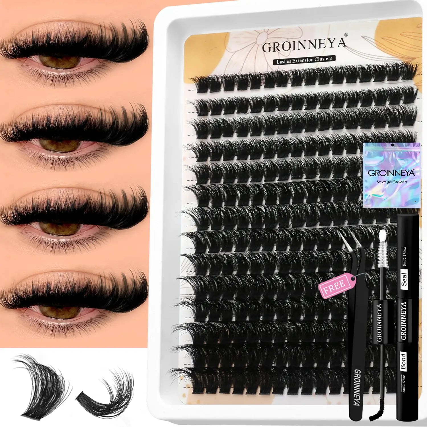 GROINNEYA Lash Clusters Kit Waterproof Strong Hold DIY Lash Extension Kit Bond And Seal Eyelash Tweezers Makeup