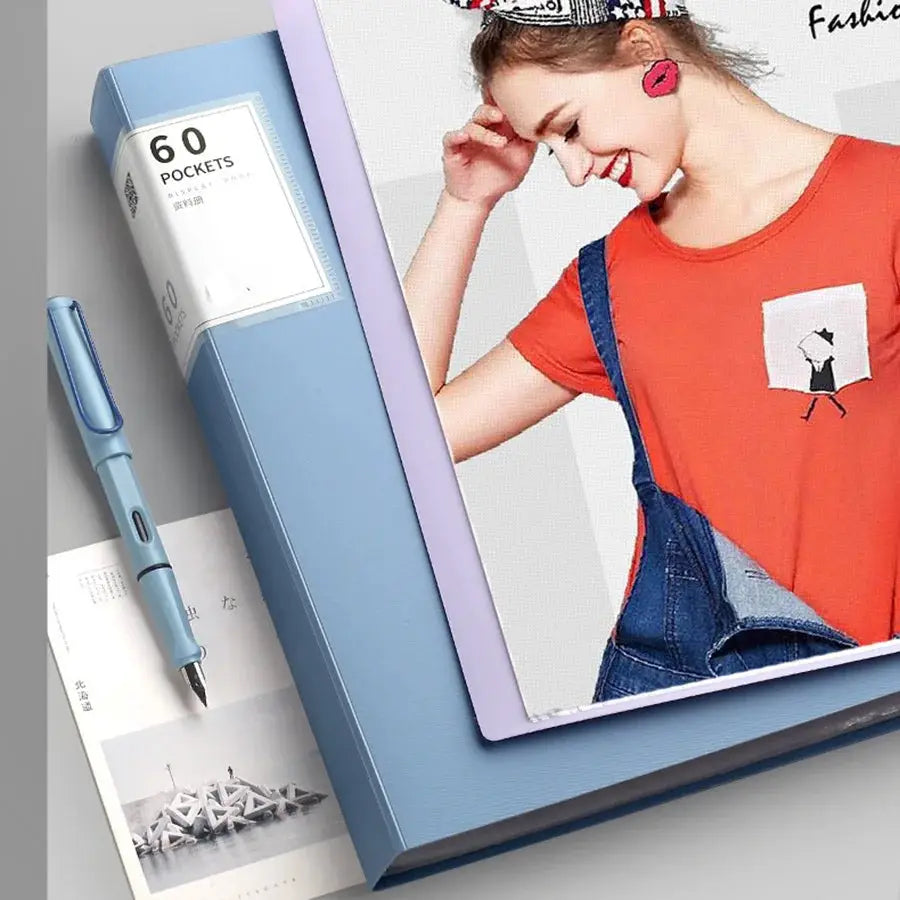 Simples Market blue binder with 60-pocket display for documents and portfolio organization