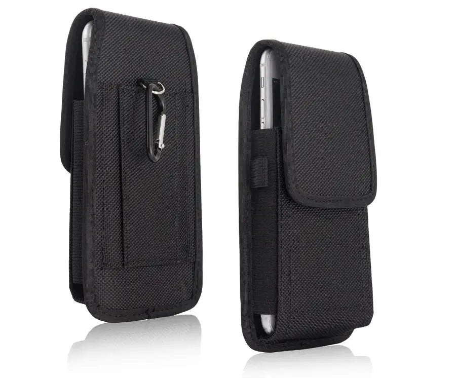 Unisex black Oxford nylon vertical waist belt pouch for cell phone with clip