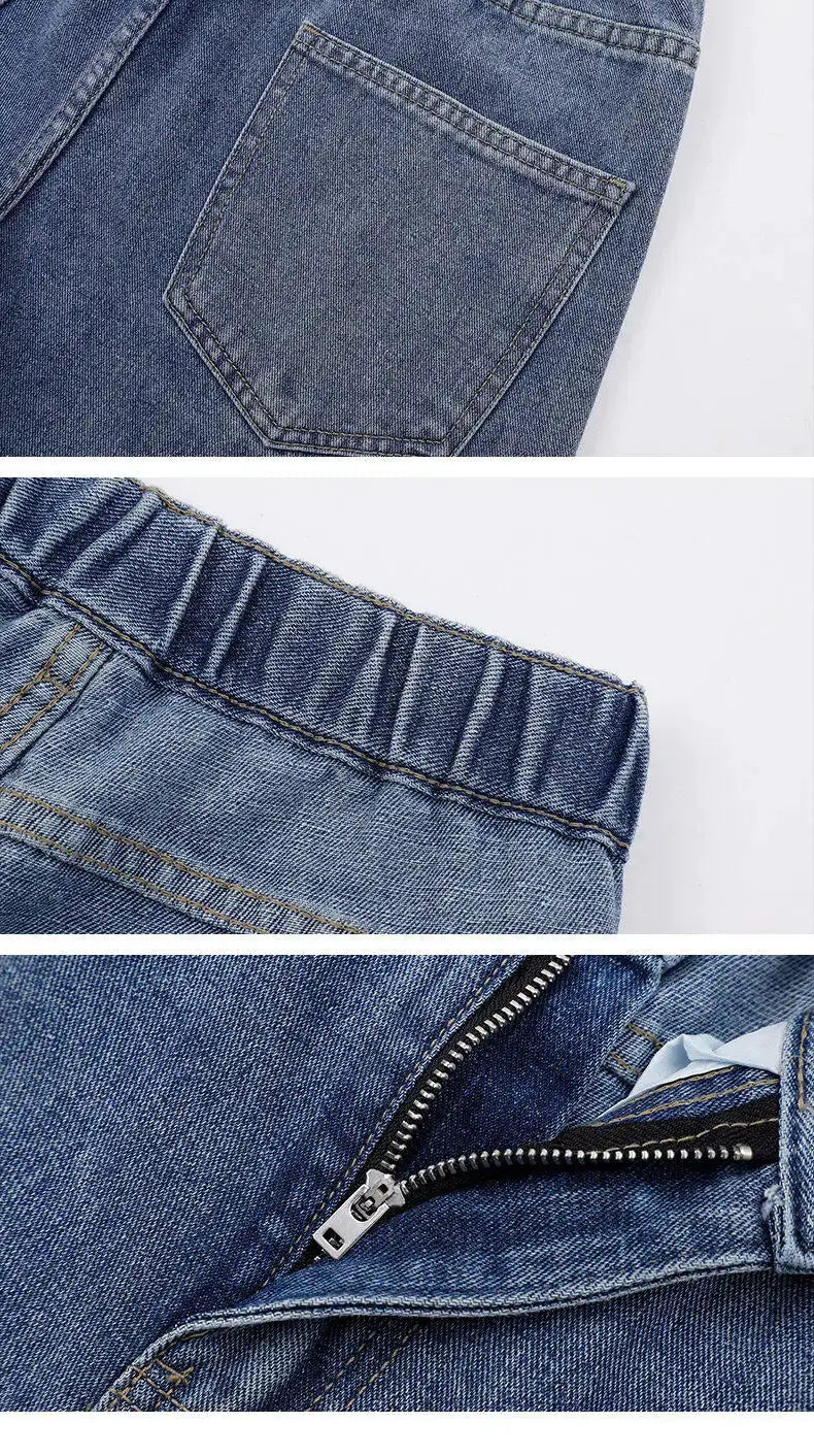 Simples Market Korean men's denim wide-leg jeans in light blue with elastic waistband and zip fly