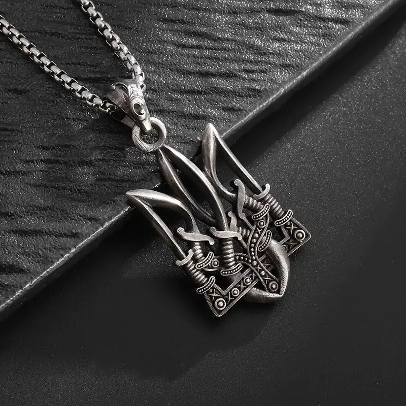 Retro Poseidon trident pendant necklace in antique silver zinc alloy, unisex jewelry by Simples Market