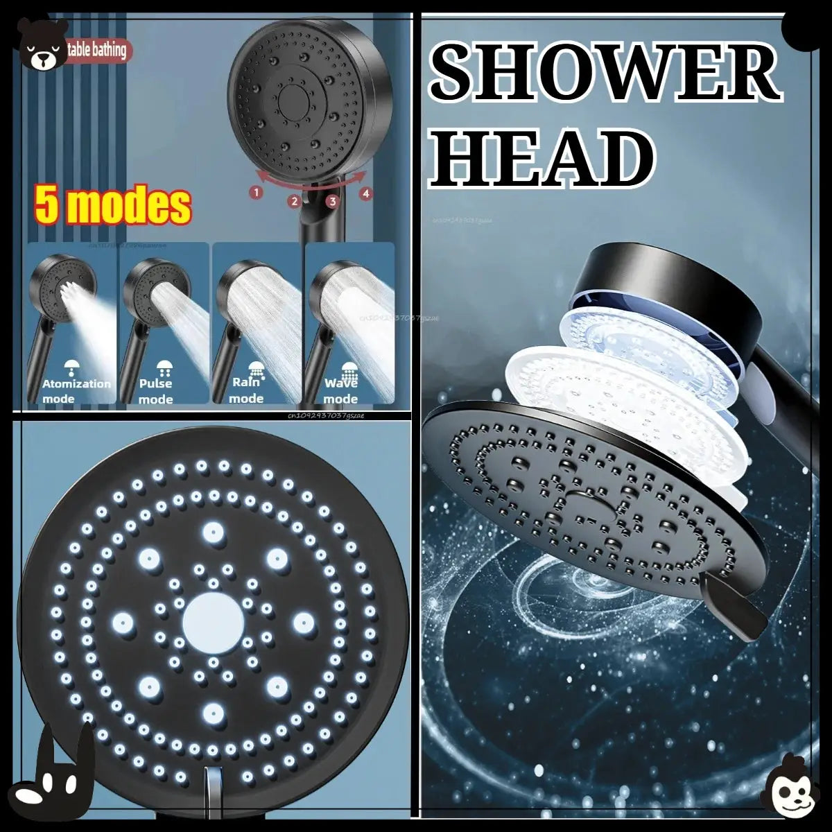 Shower head black with 5 modes, adjustable spray and LED ring