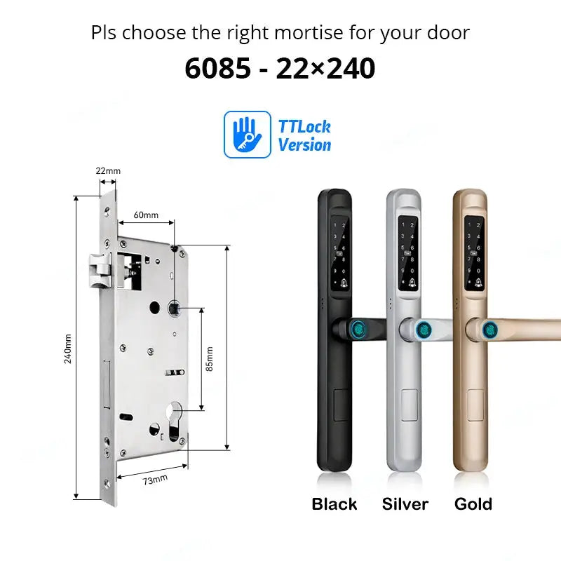 Simples Market smart door lock with TTLock fingerprint keypad; aluminum body, in black, silver, or gold.