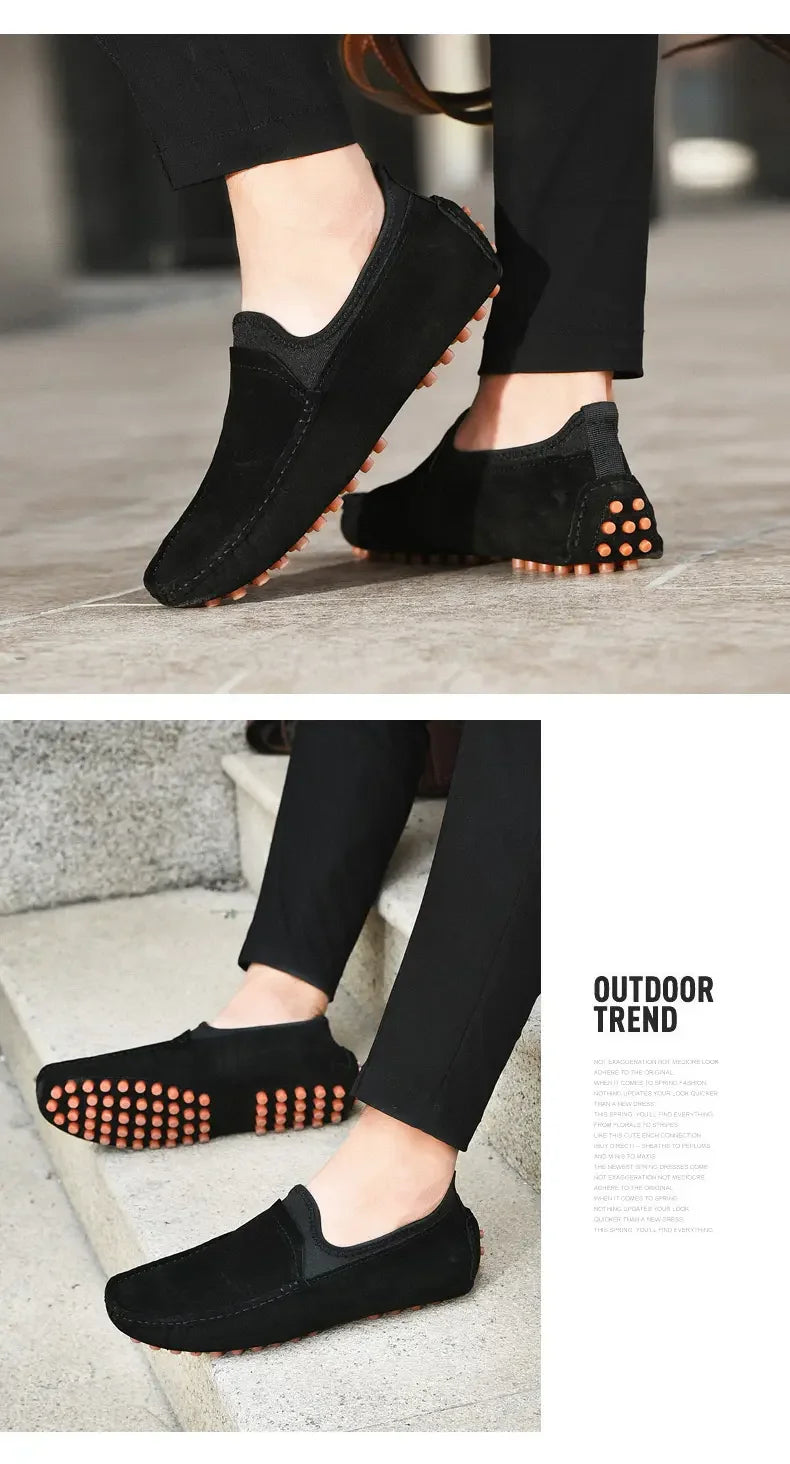 Pair of men's driving shoes by Simples Market, black suede loafers with orange studded rubber outsole
