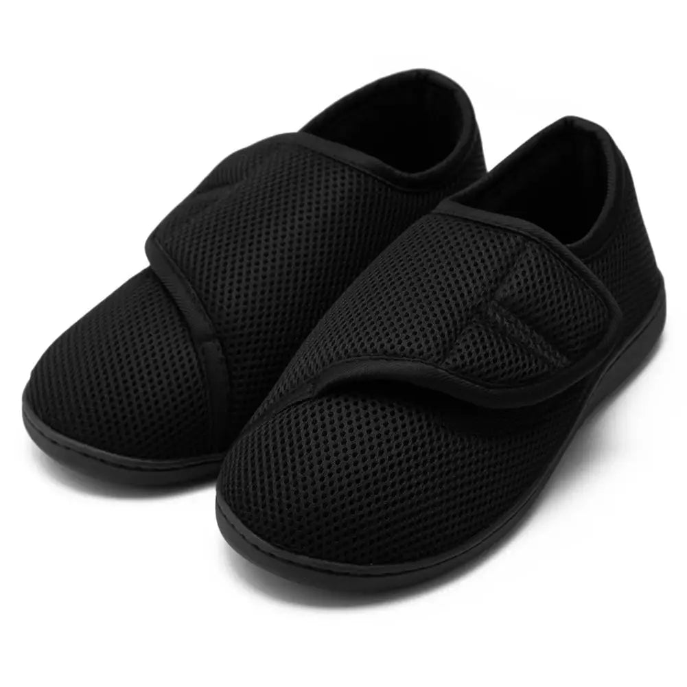 Unisex diabetic walking shoes with hook-and-loop strap, black mesh, wide fit, and lightweight.