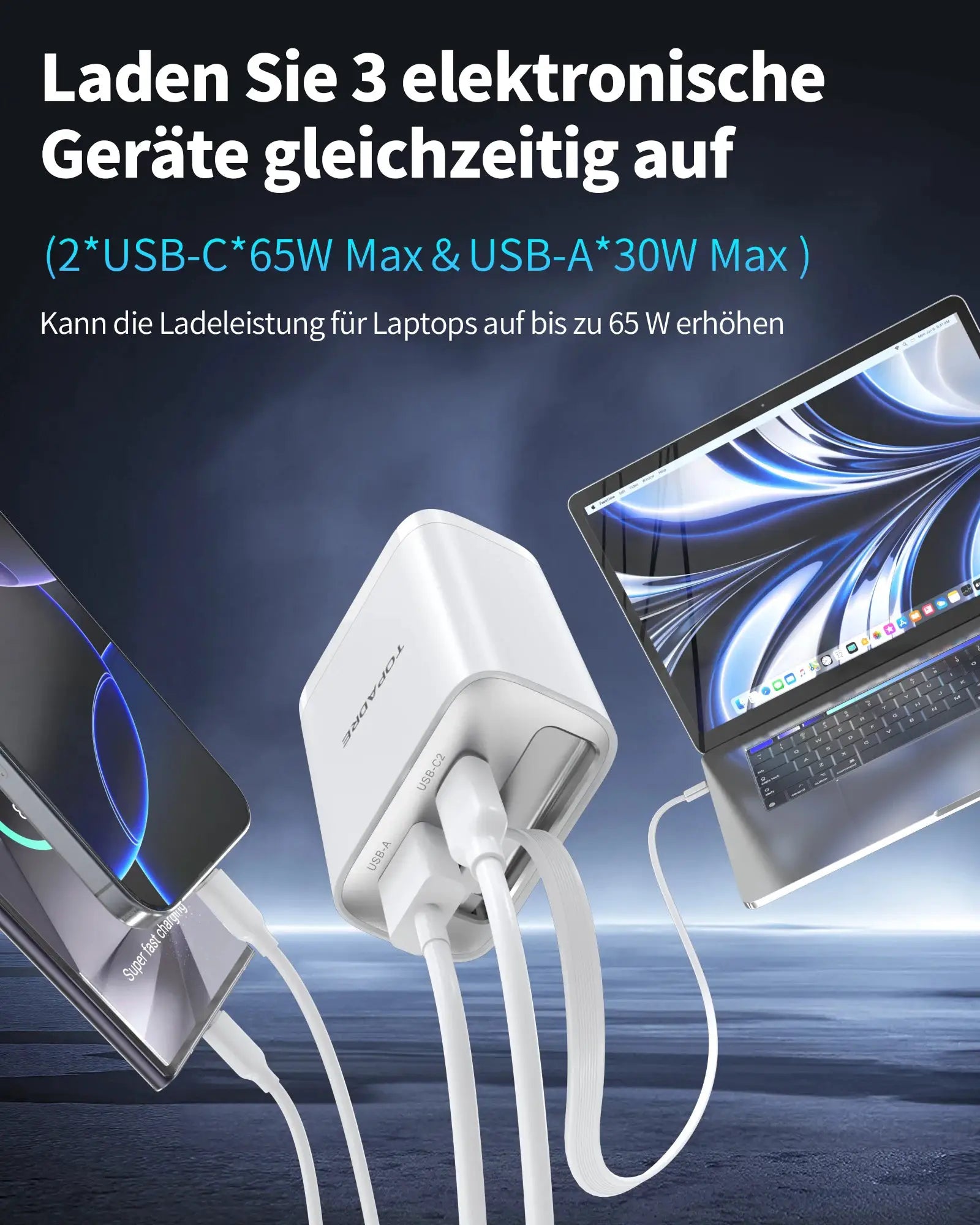 Simples Market 65W GaN PD3.1 fast charger with retractable cable, white, 3 ports (2 USB-C + USB-A)