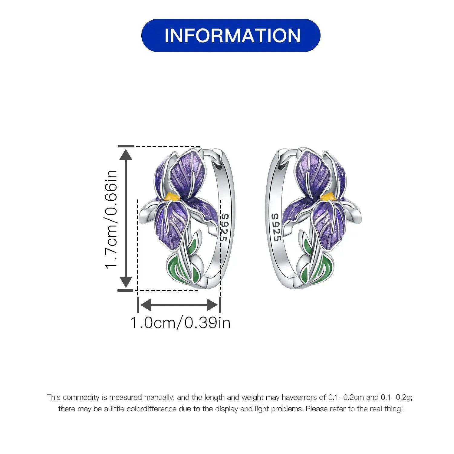 Pair of 925 sterling silver purple iris flower earrings with green leaves