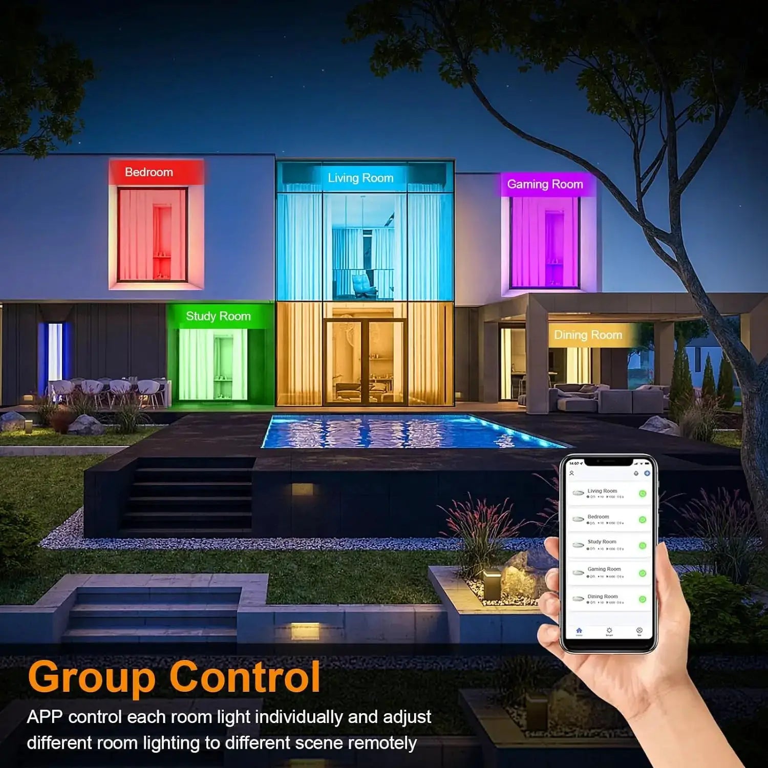 Tuya Zigbee smart LED round ceiling lamp with RGBCW, app-controlled multi-room lighting in vibrant colors.