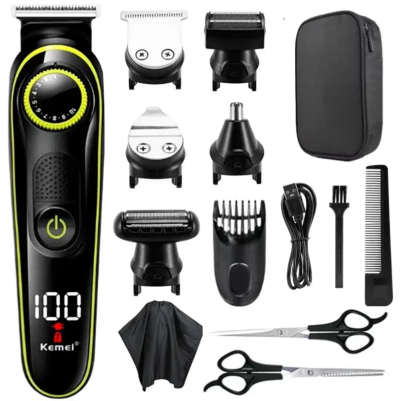 Kemei KM-696 5-in-1 hair clipper set by Simples Market, black and yellow cordless trimmer with attachments