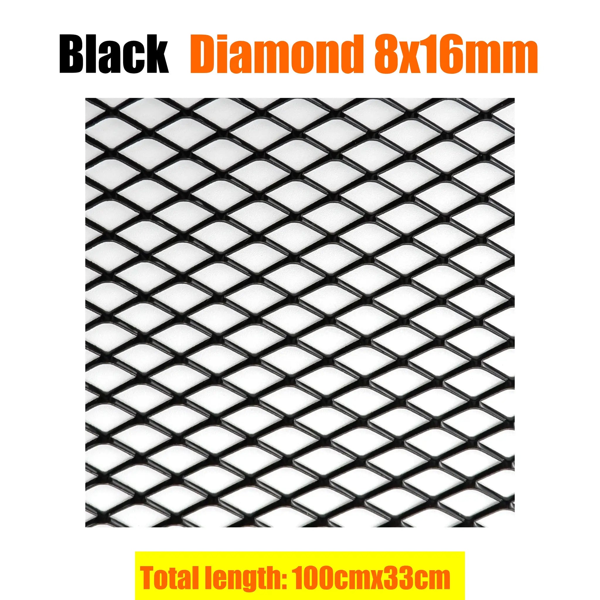 Black aluminium diamond-mesh bumper grille, 100x33cm, universal car vent protector.