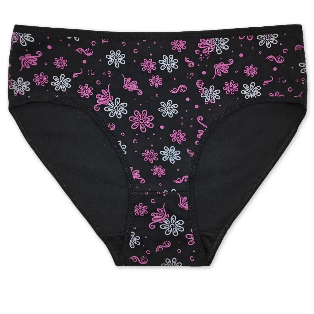 Women's cotton briefs with pink and light-gray floral print on black fabric, mid-rise underwear.
