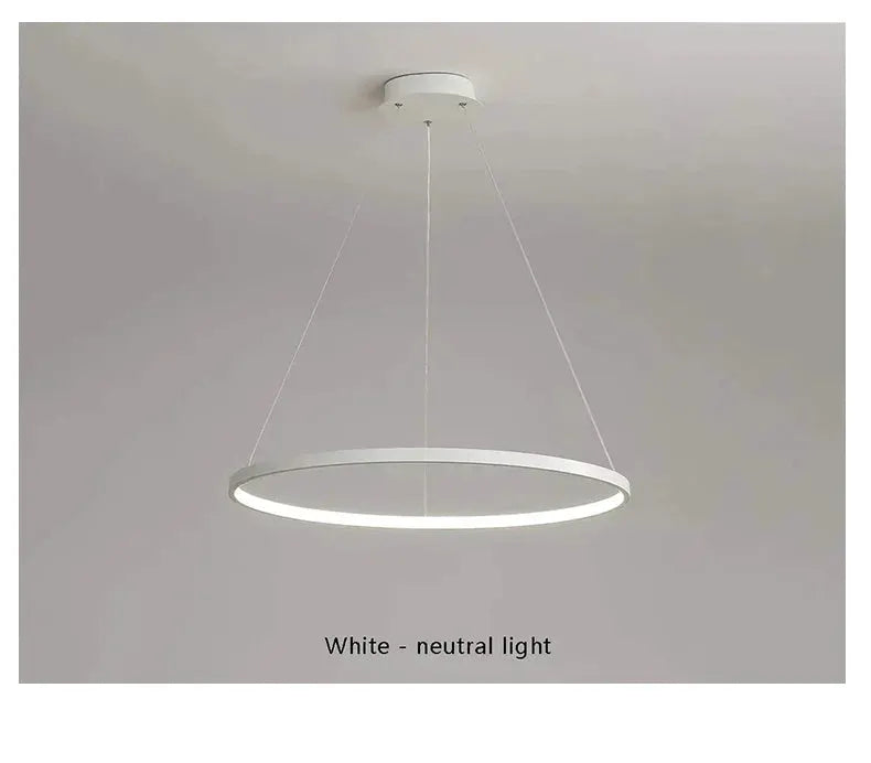 Modern round LED pendant light; white circular ring with neutral white glow, ceiling mount