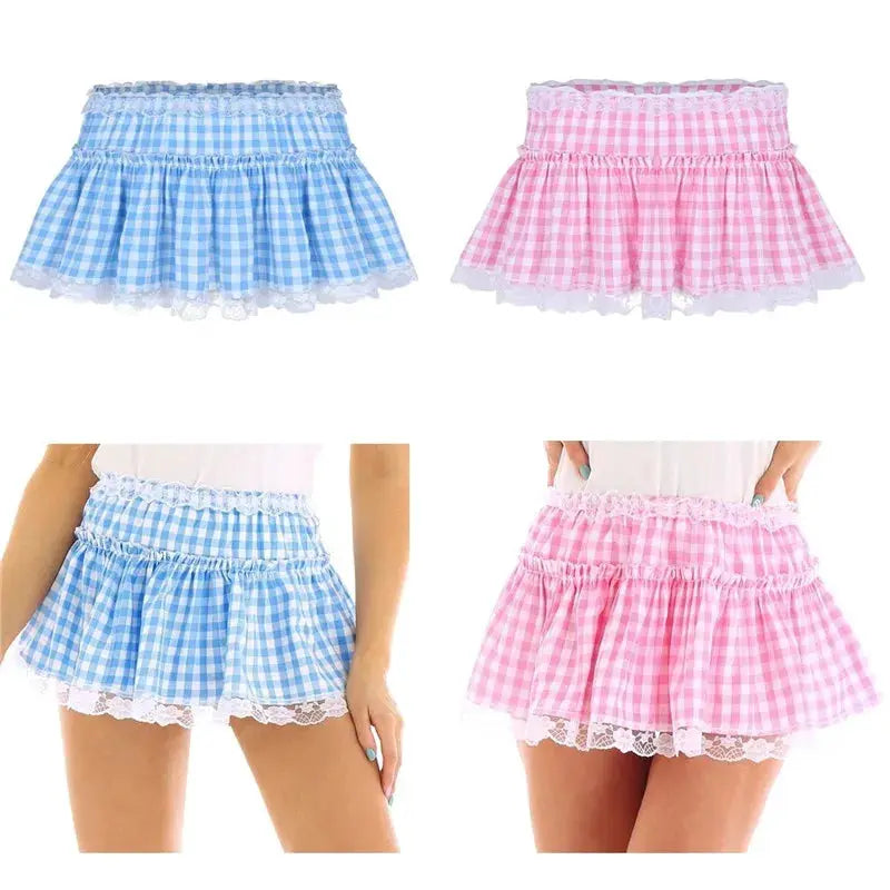 Simples Market women's blue and pink gingham lace mini skirts with ruffle trim (two colorways)