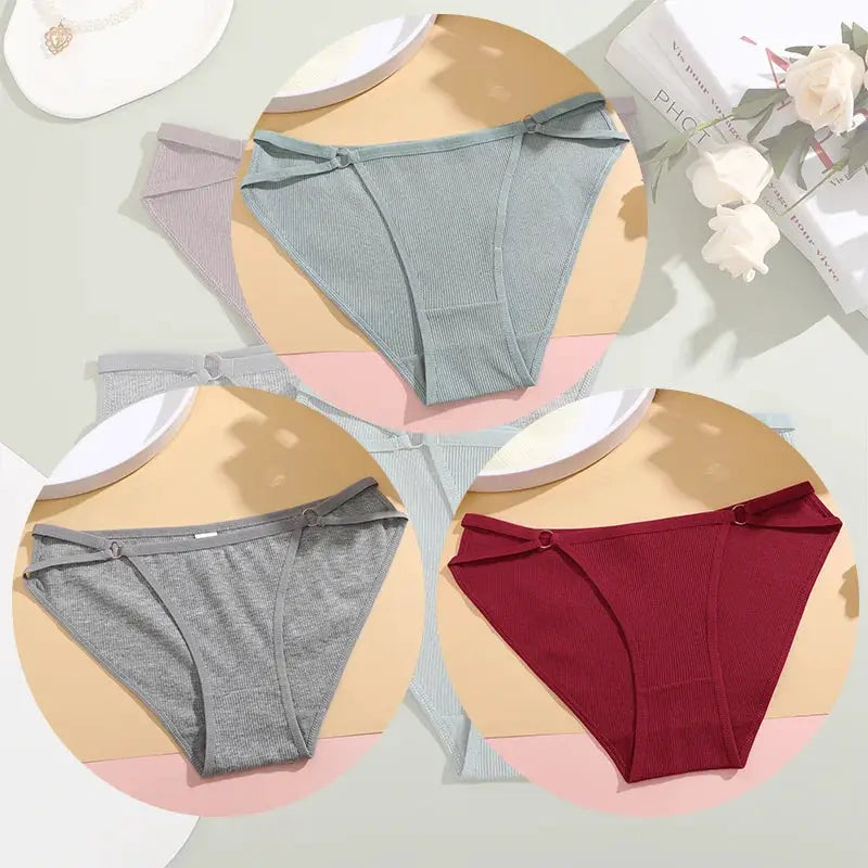 3-pack women's breathable cotton striped briefs in blue-green, gray, and burgundy with bows