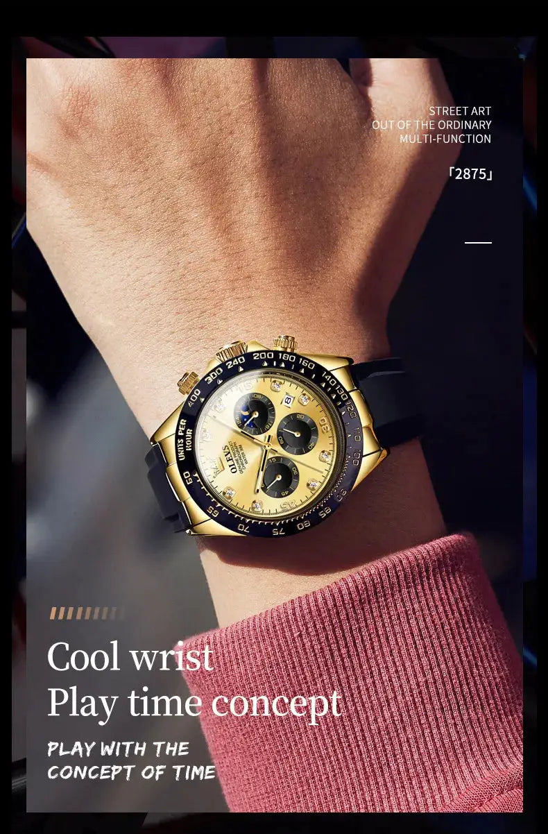 OLEVS 2875 men's luxury quartz chronograph watch with gold case, black bezel and silicone strap.
