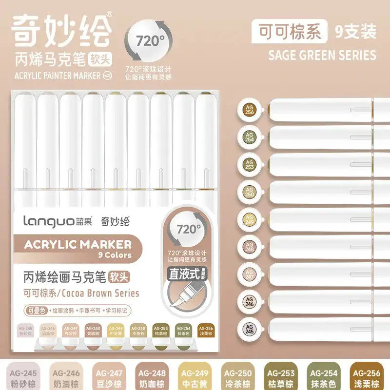 Acrylic marker pen set, 9 colors, Sage Green Series by Simples Market with soft brush tips