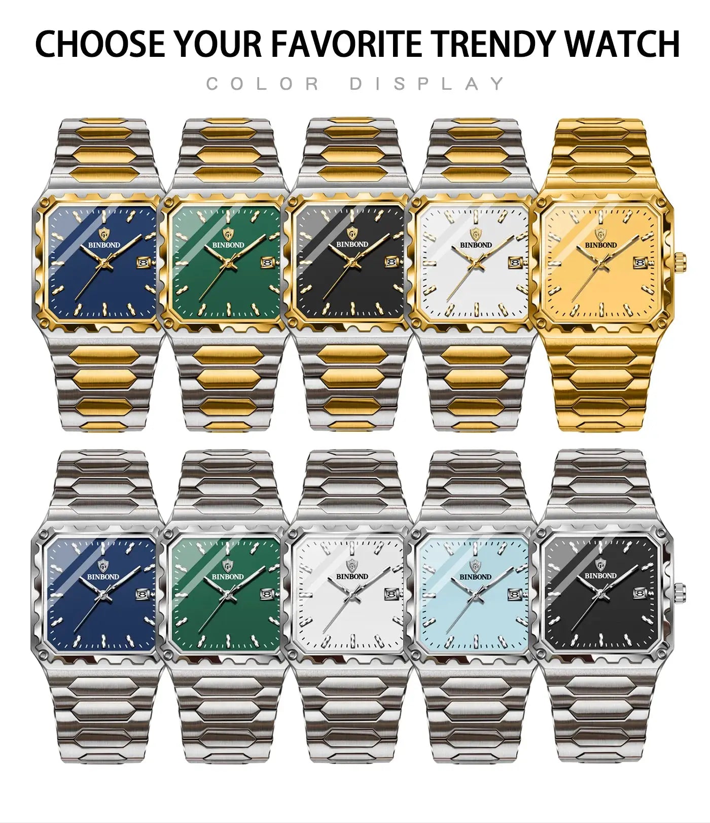 BINBOND men's luxury quartz watches, stainless steel two-tone bands, 15-piece collection with assorted dial colors