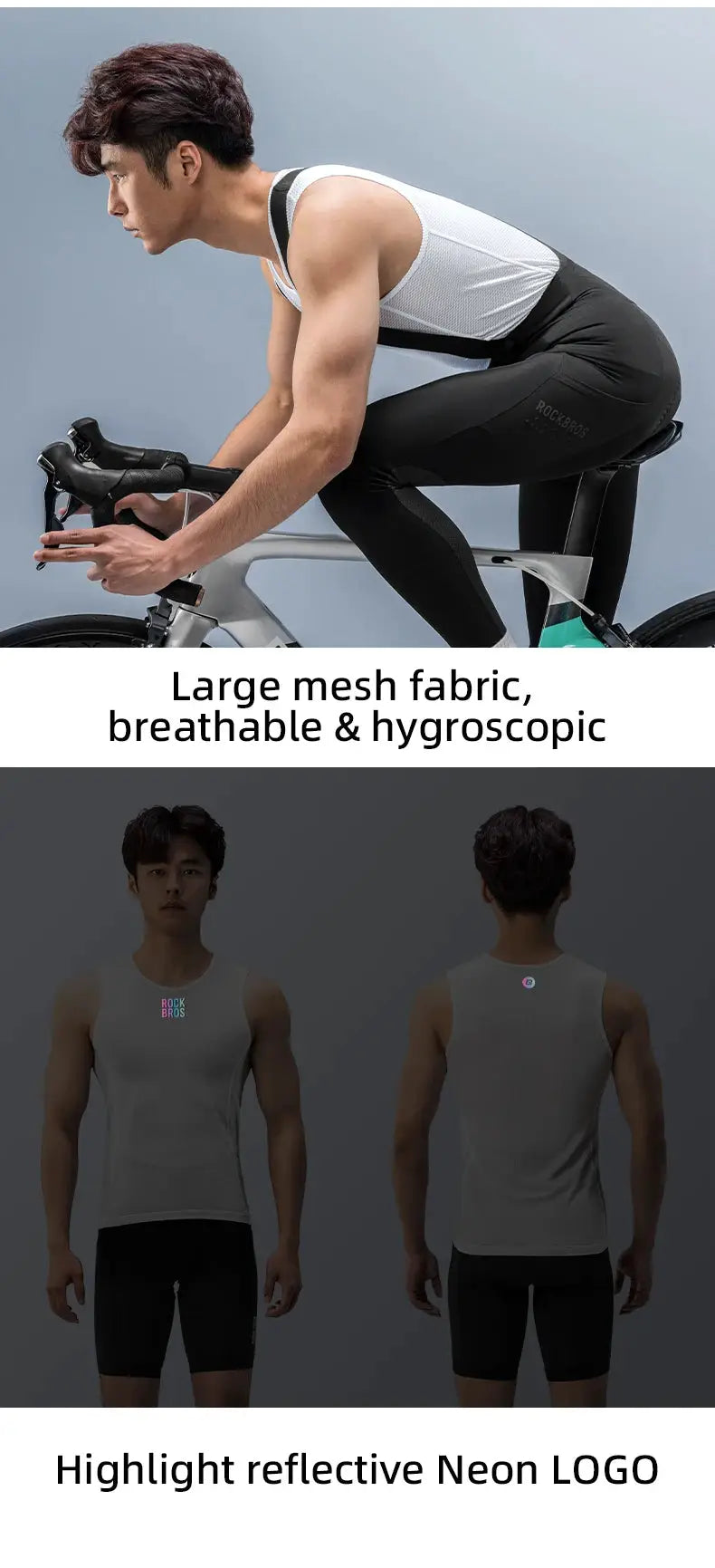 ROCKBROS bike vest; breathable large-mesh sleeveless undershirt with quick-dry fabric and neon reflective logo.
